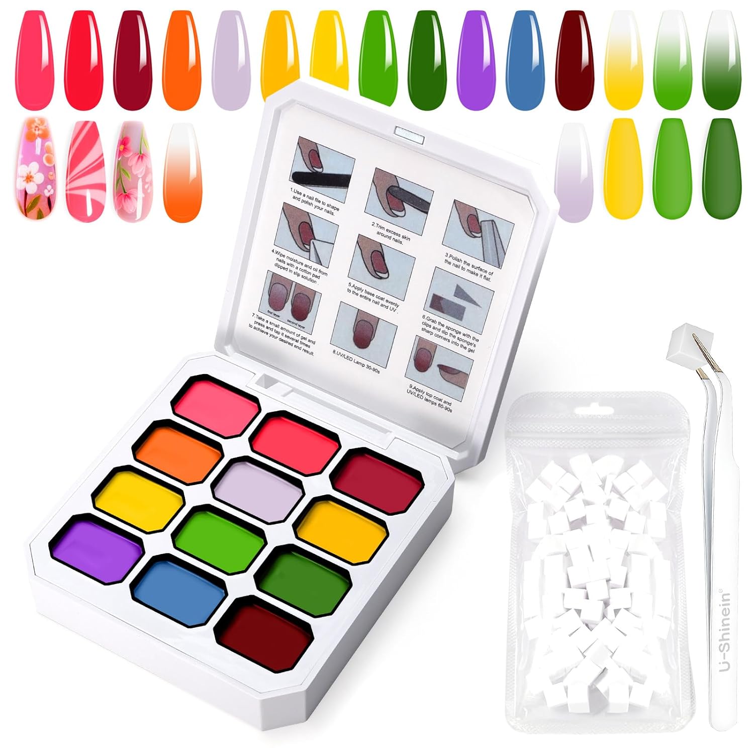 Gradient Painting Gel, 12 Ombre Gel Nail Polish with 100Pcs Nail Sponges &Tweezers for Pigmented Pat Nails Aura Nails French Manicure Soak Off UV Long-lasting Set Palette Electric Carnival-Velvo Beauty
