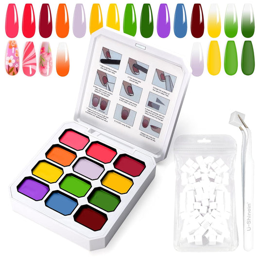 Gradient Painting Gel, 12 Ombre Gel Nail Polish with 100Pcs Nail Sponges &Tweezers for Pigmented Pat Nails Aura Nails French Manicure Soak Off UV Long-lasting Set Palette Electric Carnival-Velvo Beauty