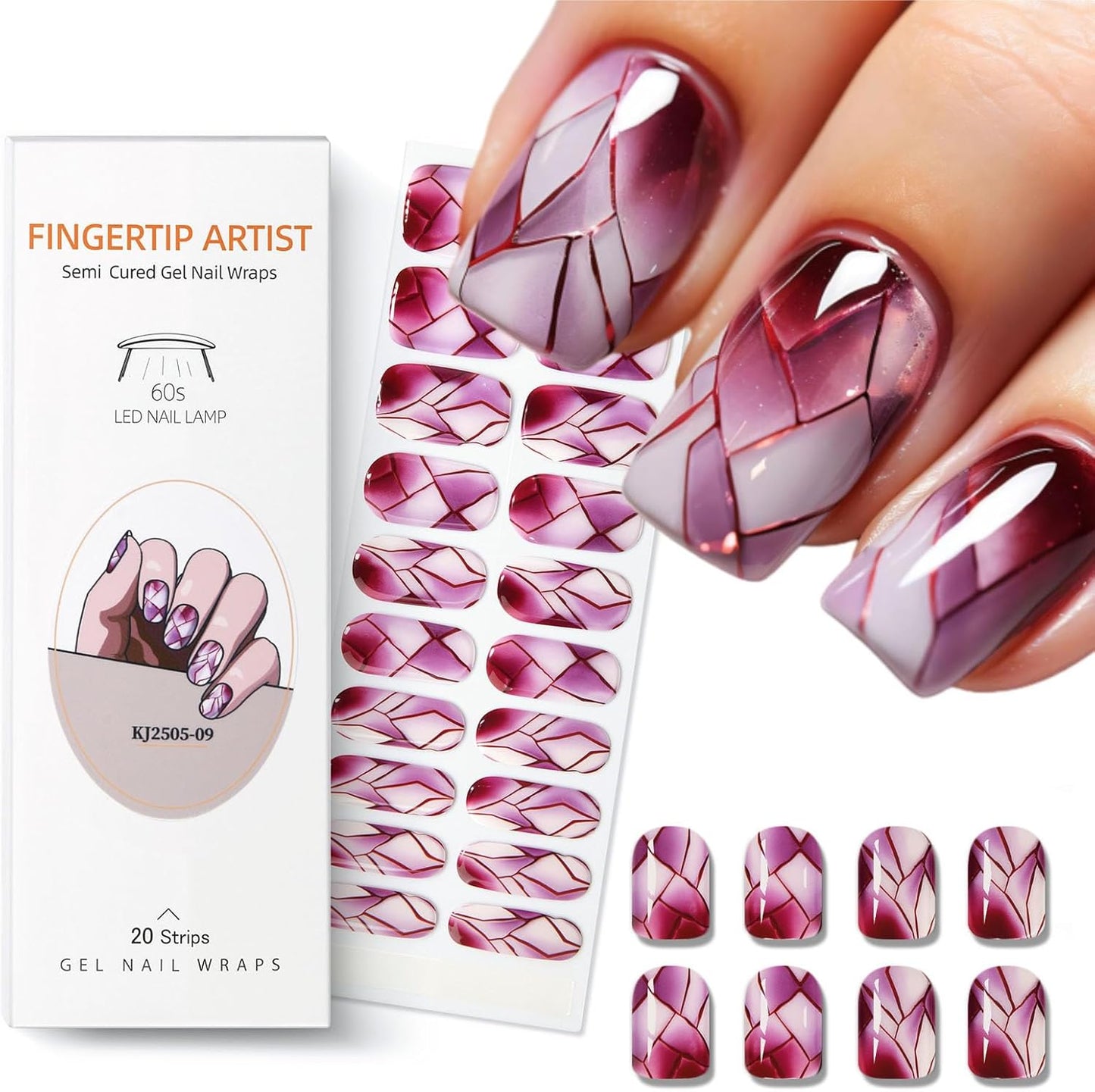 Semi Cured Gel Nail Strips with Red Broken Glass Pattern Designs Gel Nail Strips Glossy Stickers Salon Quality & Easy to Use for Women 20 Pcs-Velvo Beauty