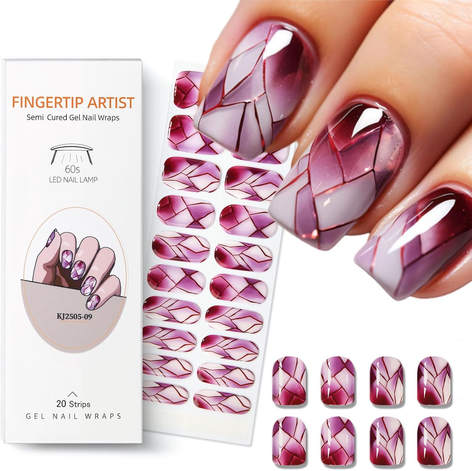 Semi Cured Gel Nail Strips with Red Broken Glass Pattern Designs Gel Nail Strips Glossy Stickers Salon Quality & Easy to Use for Women 20 Pcs-Velvo Beauty