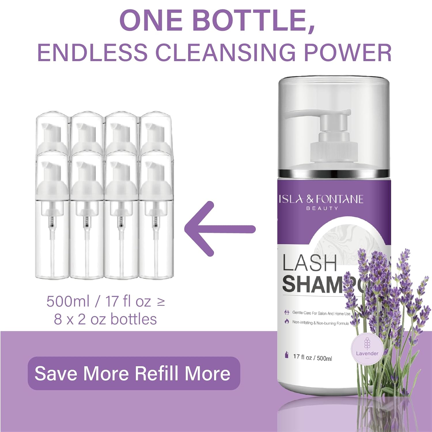 ISLA & FONTANE Lash Shampoo Bulk – Multi-Scent Series – 17 fl oz / 500ml | Gentle Eyelash Cleanser for Lash Extensions | Non-Irritating | Professional Lash Bath Foam For Salon And Home Use (Lavender)-Velvo Beauty