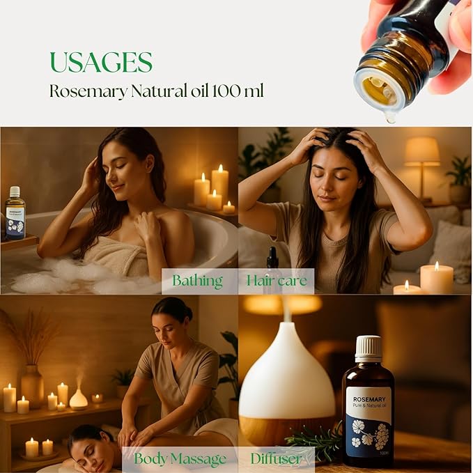 Roots & Above Pure Natural Rosemary Essential Oil 3.38 fl oz/100 ml for Diffuser, Face, Skin Care, Hair, Aroma, Massage, Candle & Soap Making Fragrance DIY use-Velvo Beauty