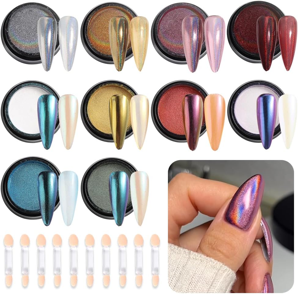 10Pcs Chrome Nail Powder Set, Holographic Unicorn Laser Nail Powder, Aurora Mermaid Iridescent Chameleon Mirror Effect Pigment Glitter Dust for Salon Home Nail Art DIY Decorations-Velvo Beauty