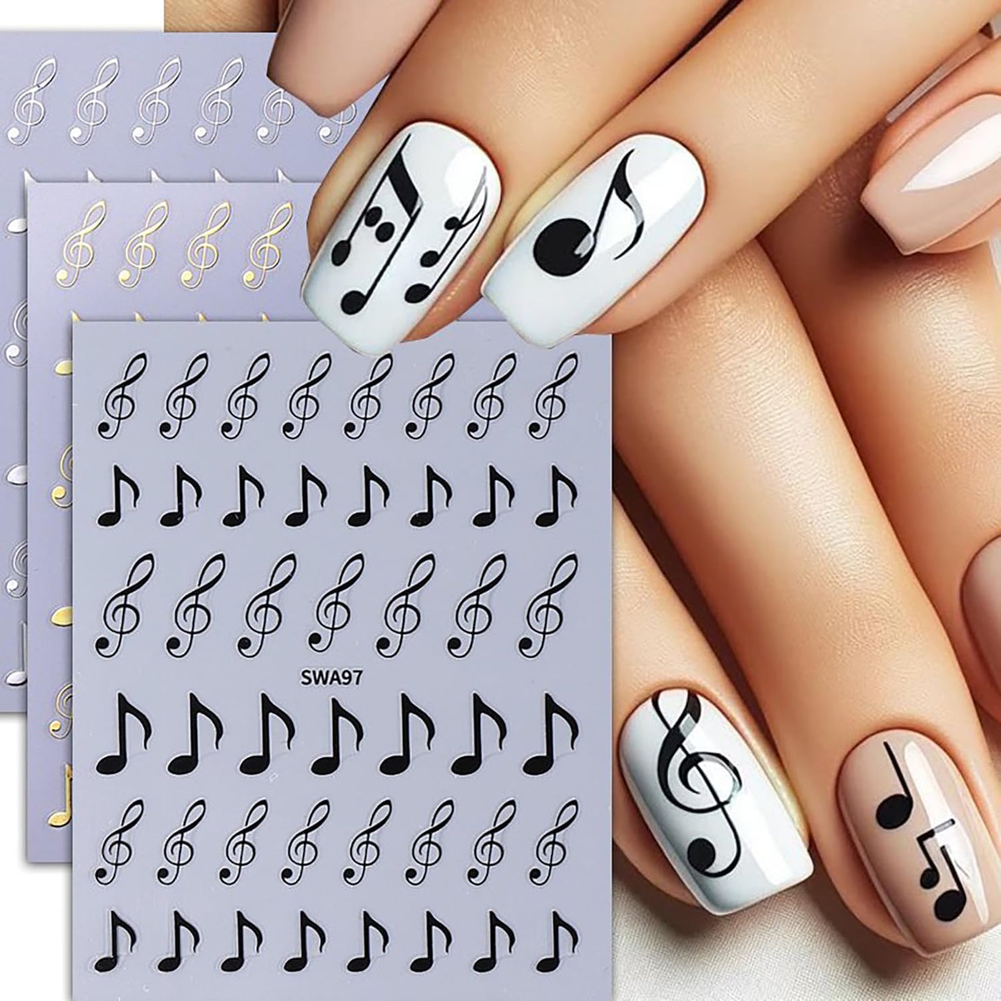 6 Sheets Musical Symbols Nail Art Stickers 3D Self-Adhesive Nails Sticker Music Notation Nails Art Decals Holographic Music Decal Decoration for Women Silver Black Manicure Stickers DIY Nail Supplies-Velvo Beauty