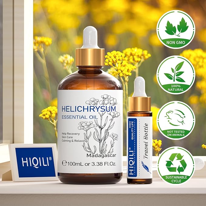 HIQILI Helichrysum Essential Oil for Skin Nourish, Undiluted & Natural, Relieve Fatigue in Body Massage, Reduce Fine Line and Wrinkle, Aromatherapy Diffuser, DIY Floral Scented Gift -100ML-Velvo Beauty