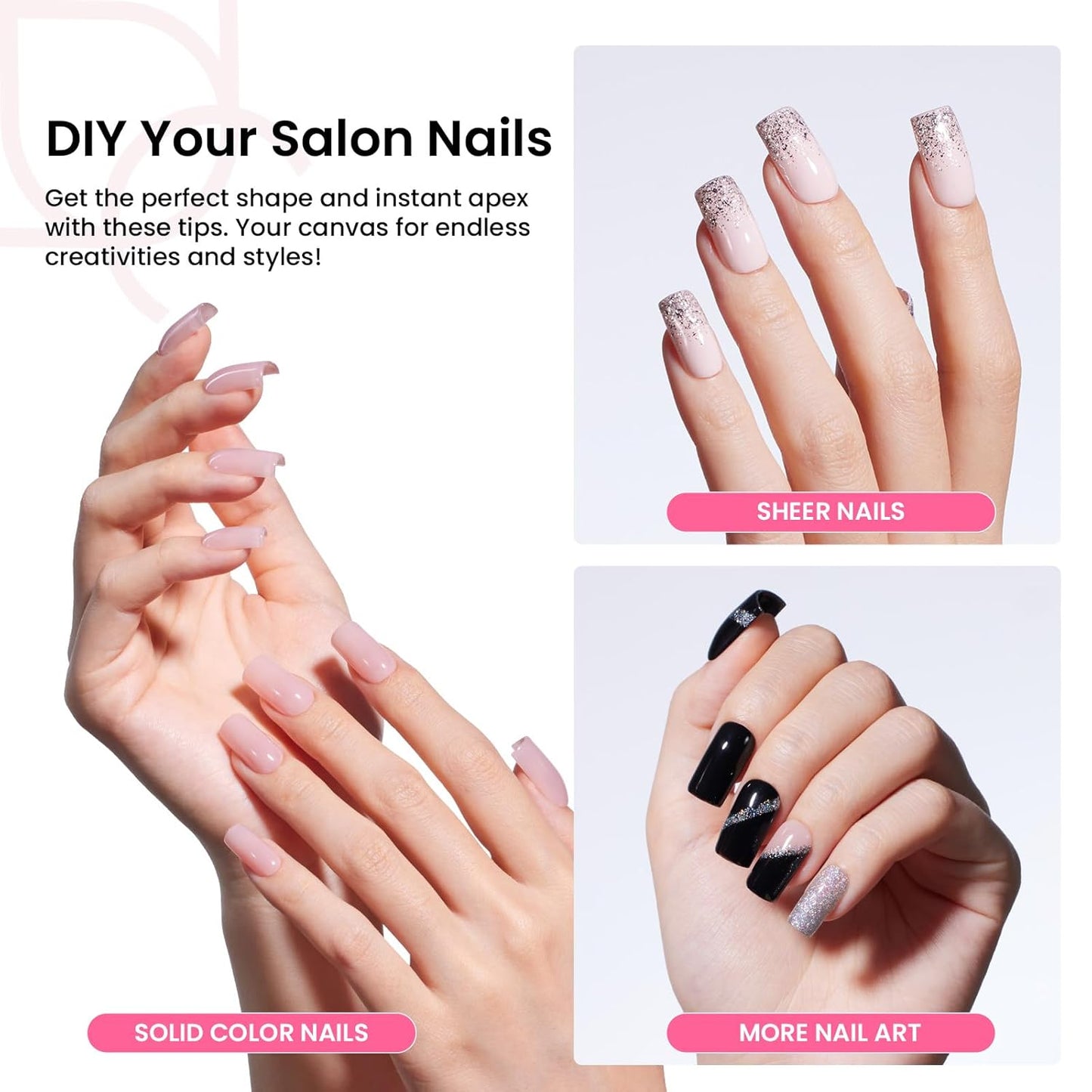 Beetles Tipex Instant Apex Nail Tips Kit Short Square , 224 Pcs Pre-Building Pre-Etched False Nail Tips with Tipex Nail Glue, Mini Nail Lamp-Thick Acrylic Nail Tips Set-Velvo Beauty