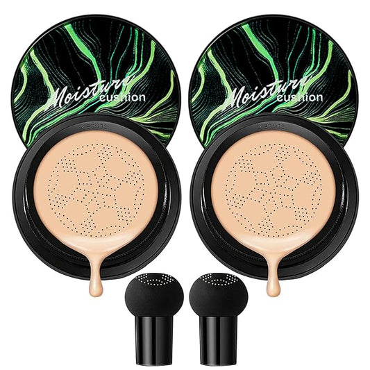 2Pcs Mushroom Head Air Cushion CC Cream, Long Lasting Oil Control BB Cream for All Skin Types, Moisturizing Foundation Face Makeup Set with Foundation Brush （#Natural）-Velvo Beauty
