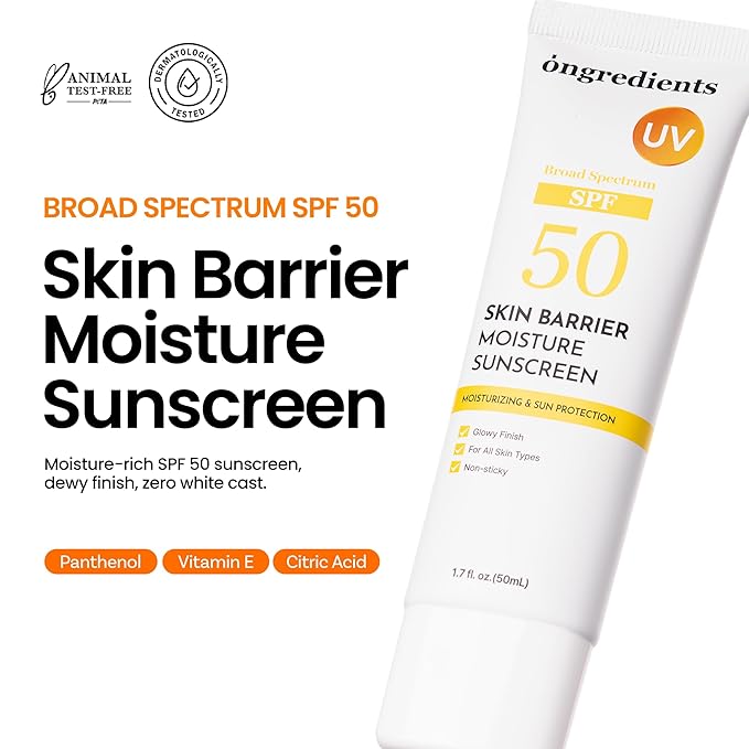 ONGREDIENTS Skin Barrier Moisture Sunscreen Broad Spectrum SPF 50, Glowy Finish, Non-Sticky, No White Cast, Hydrating, Moisturizing, Airy Texture, Korean Skin Care, All Skin Types (1.7 fl. Oz)-Velvo Beauty