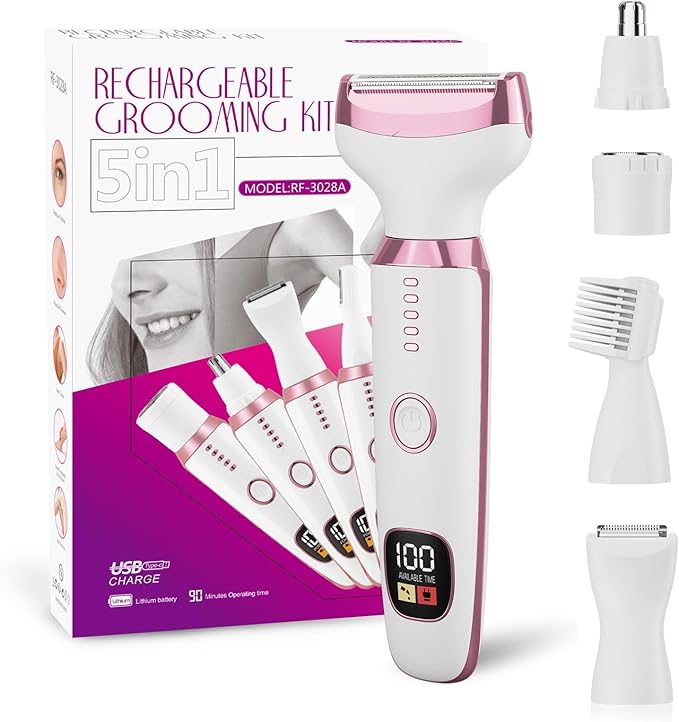 RUIM Bikini Trimmer for Women, 5 in 1 Electric Razors for Shaving, Waterproof Rechargeable Pubic Hair Trimmer with LED Display, Pink-Velvo Beauty