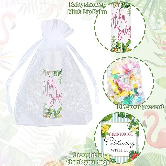 Demissle 50 Pcs Baby Shower Lip Balm Gift Set with 100 Pcs Organza Bags Baby Shower Party Favor for Guest Thank You Tag Rope Baby Shower Party Decoration Gender Reveal Souvenirs (Tropical)-Velvo Beauty