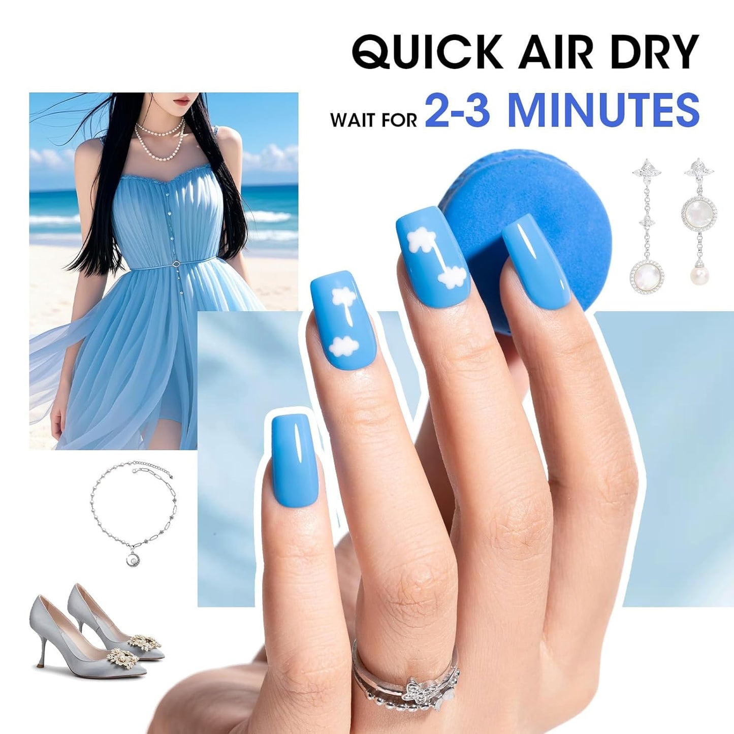 GELLEN Blue Nail Polish, Bright Navy Royal Baby Ocean Cobalt Blue White 6 Colors Set, insta Air Dry Natural Traditional Regular Nail Polish for Acrylic Natural Nails Salon Home, Non UV Gel, Hema Free-Velvo Beauty