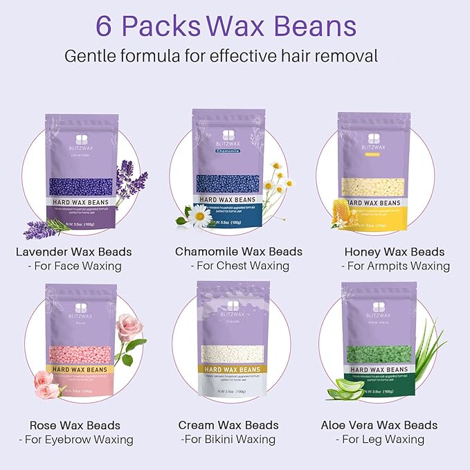 BLITZWAX Brazilian and Bikini Waxing Kit for Women, Hard Wax Warmer for Face, Legs and Body, At Home Hair Removal Kit, Beginner Friendly, Fast Heating, 51 Accessories, 6 Types Wax Bean Formula-Velvo Beauty