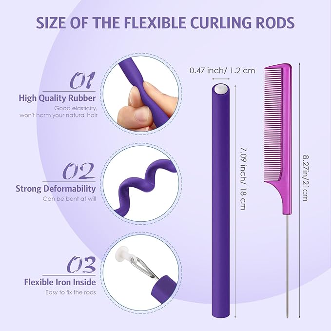 Syhood 30 Pcs 7'' Flexible Curling Rods Twist Foam Hair Rollers Soft Foam No Heat Hair Rods Rollers and 1 Steel Pintail Comb Rat Tail Comb for Women Long Short Hair(Purple,7 x 0.47 Inch)-Velvo Beauty