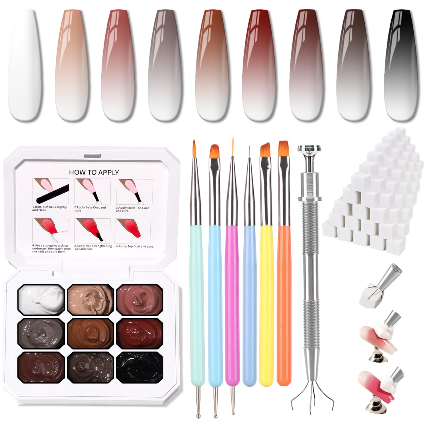 Sponge Pat Paint Nail Gel, 9 Colors Ombre Nails Gradient Gel Nail Blush Blooming Aura Nails Drawing Stripper Floral Painting Nail Art, No Wipe, UV/LED Curing (All-in-One Kit)-Velvo Beauty