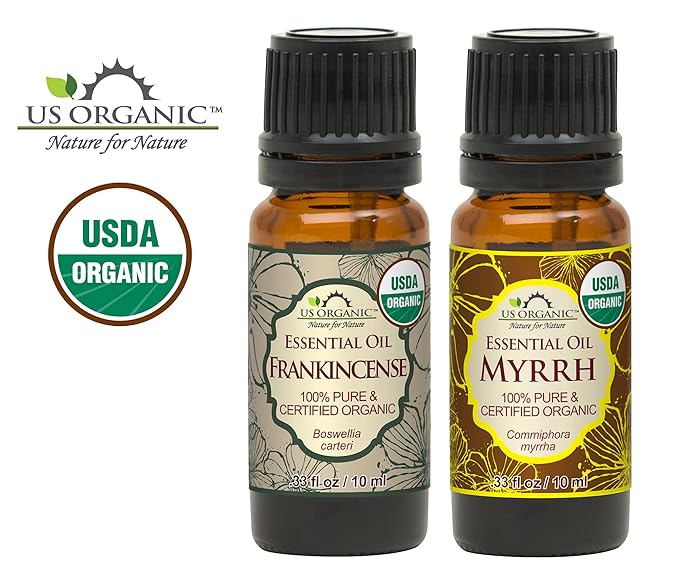 US Organic 100% Pure Myrrh, Frankincense Essential Oil Combo Pack - Directly sourced from The Horn of Africa - USDA Certified Organic - Use Topically or in Diffuser (10 ml Combo)-Velvo Beauty