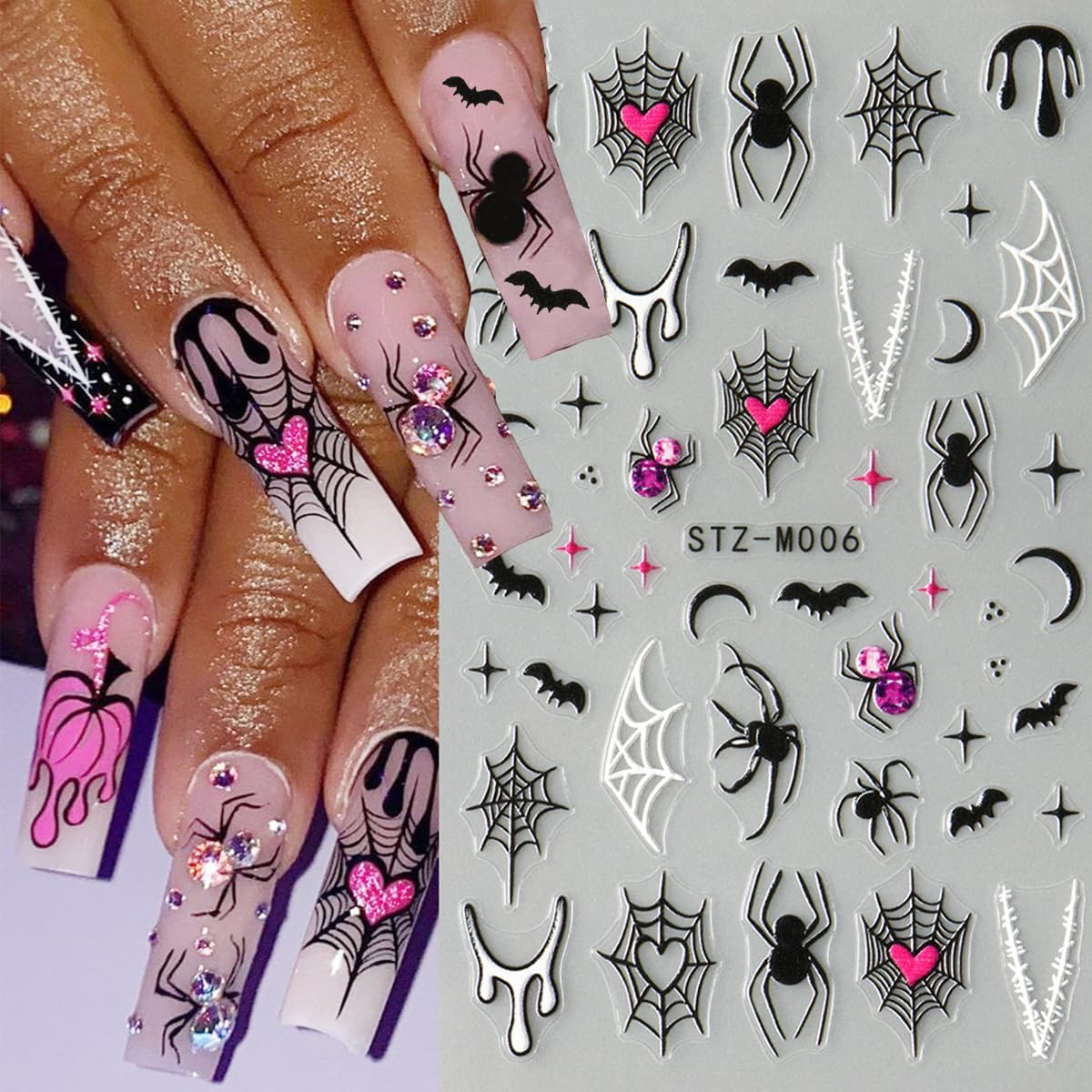 6Pcs Halloween Nail Stickers for Nail Art, Bat Spiders Nail Art Stickers Spider Web Black Rose Skull Ghost Nails Design Decals Halloween Nail Supplies for Women DIY Manicure Decoration Accessories-Velvo Beauty