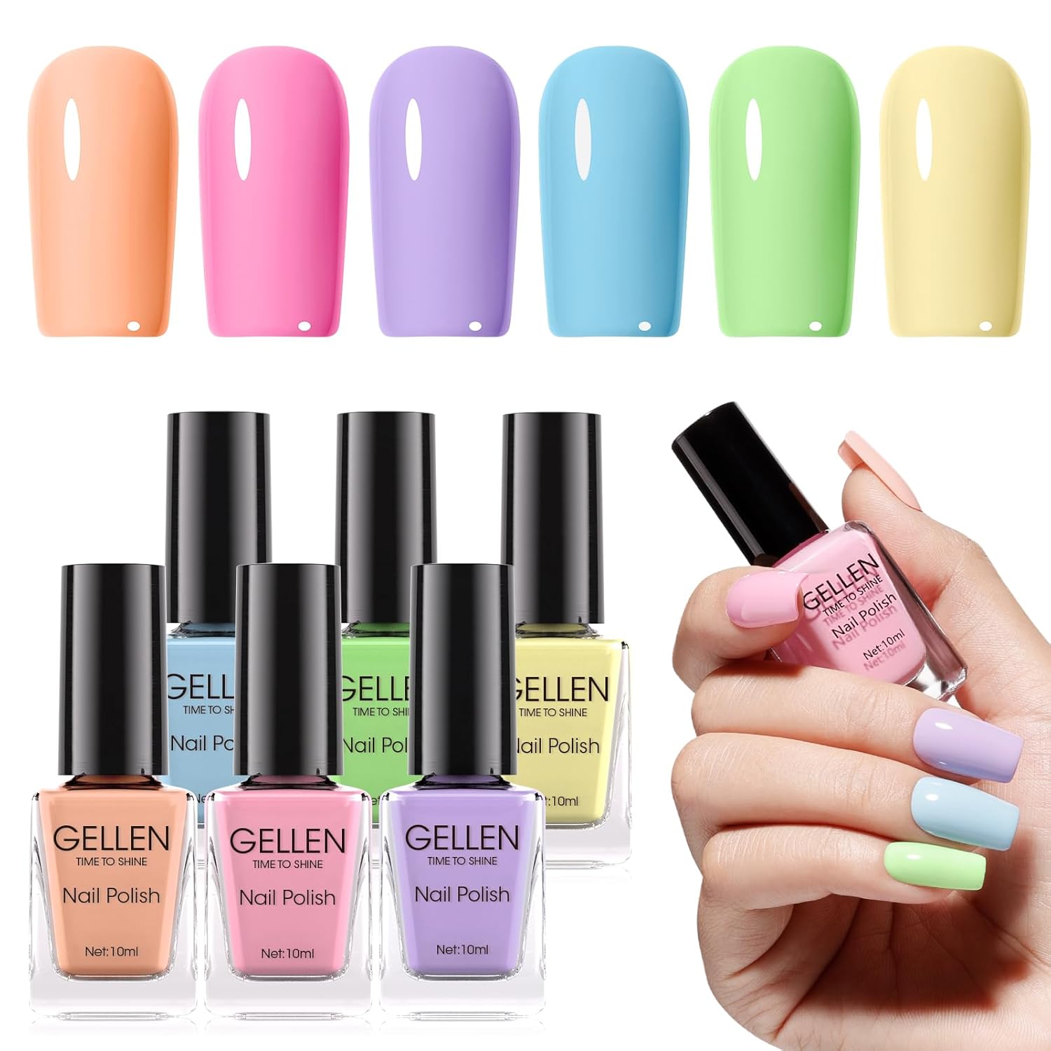 Gellen Pastel Regular Nail Polish Non Gel, Fast Air Drying Spring Summer Nail Polish No UV Light Needed Macaron 6 Colors Nude Pink Purple Blue Green Yellow Set for Women Manicure Home Salon, Hema Free-Velvo Beauty