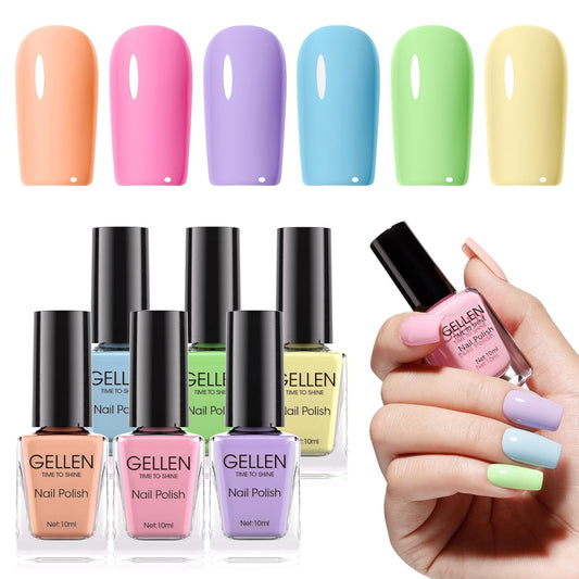 Gellen Pastel Regular Nail Polish Non Gel, Fast Air Drying Spring Summer Nail Polish No UV Light Needed Macaron 6 Colors Nude Pink Purple Blue Green Yellow Set for Women Manicure Home Salon, Hema Free-Velvo Beauty