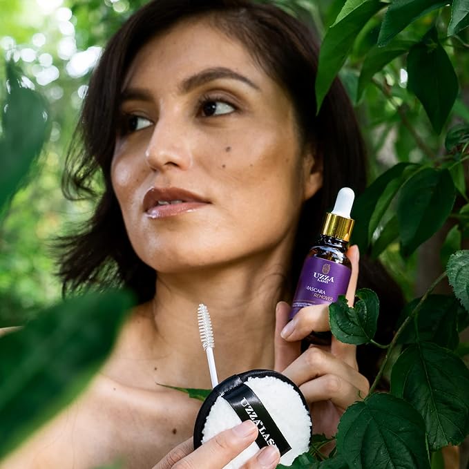 UZZA Lash Eye Makeup Remover - Waterproof Mascara Remover for Sensitive Eyes - Natural Make up Remover - Hygienic Kit Includes Eyelash Brush, Reusable Pads, Cleanser Liquid 1oz-Velvo Beauty