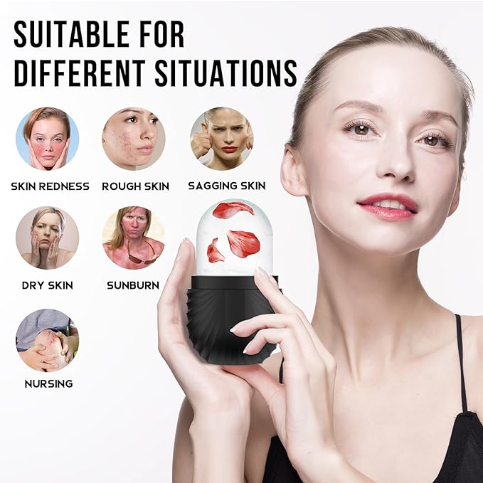 Ice Roller for Face and Eye, Reusable Silicone Ice Facial Roller Ice Holder, Face Ice Mold Skin Care, Ice Cube Roller for Shrink Pores Anti Wrinkle Reduce Puffiness, Black-Velvo Beauty