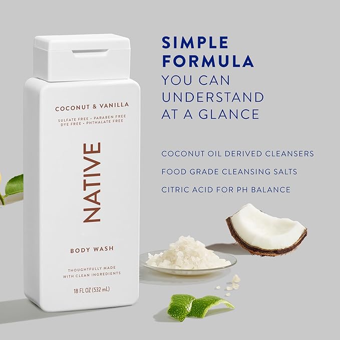Native Body Wash Contains Naturally Derived Ingredients | For Women & Men, Sulfate, Paraben, & Dye Free Leaving Skin Soft and Hydrated | Coconut & Vanilla 18 oz - 2 Pk-Velvo Beauty