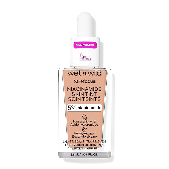 wet n wild Bare Focus Skin Tint, 5% Niacinamide Enriched,Buildable Sheer Lightweight Coverage,Natural Radiant Finish,Hyaluronic & Vitamin Hydration Boost,Cruelty-Free & Vegan-Light Medium Sand-Velvo Beauty