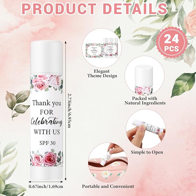 24 Pcs SPF 30 Lip Balm Bulk for Summer Wedding Baby Shower 4th of July Party Sunscreen Lip Balm Sticks Outdoor Travel Sunscreen Care Lip Balm for Thank You Gifts Party Supplies (Floral)-Velvo Beauty