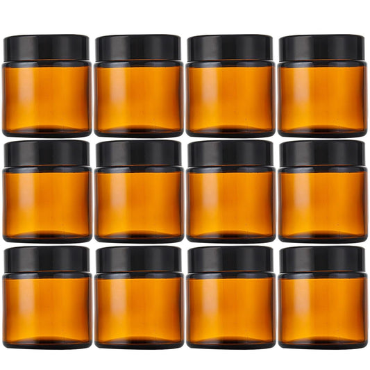 Lil Ray 4 oz Round Amber Glass Jar with Inner Liners and Black Lid (12pcs)-Velvo Beauty