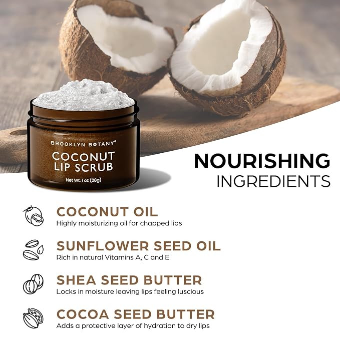 Brooklyn Botany Lip Scrub Exfoliator 1 oz – Lip Moisturizer for Dry Lips and Chapped Lips – Gentle Lip Exfoliator for Smooth and Brighter Lips – Coconut Flavor-Velvo Beauty