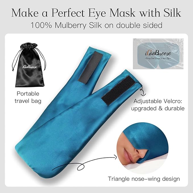 100% Natural Silk Eye Mask for Women Men, Soft Pressureless Cooling Blackout Eye Covers for Sleeping, Large Size Sleep Mask fits All Heads Adjustable, 1PC, Vivid Blue-Velvo Beauty