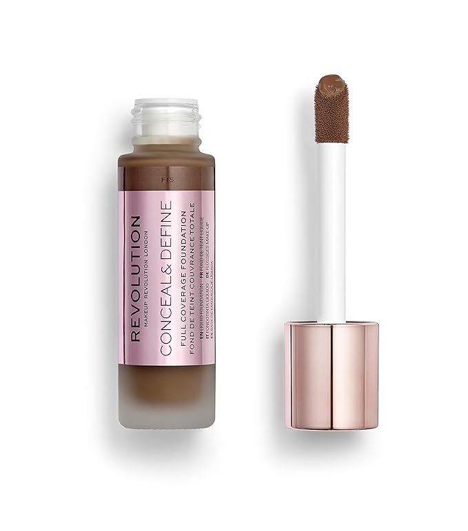 Makeup Revolution Conceal and Define Foundation, Full Coverage & Matte Finish, F15 for Dark Skin Tones, Vegan & Cruelty-Free, 0.7 Fl Oz-Velvo Beauty