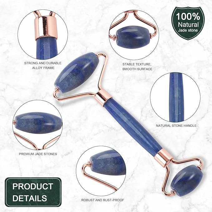 Jade Roller for Face, Facial Roller Massager Skin Care Tool, Gua Sha Facial Tools for Face, Neck, Eyes, Reduce Puffiness of The Skin(Blue)-Velvo Beauty