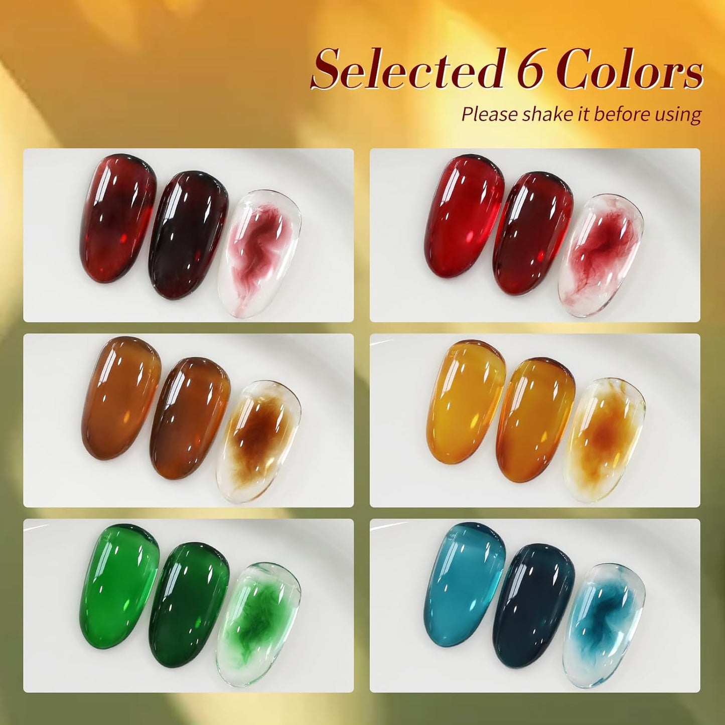 Born Pretty Jelly Gel Nail Polish Fall Winter Amber Crystal Transparent Sheer Clear Gel Polish Red Coral Burnt Orange Green Blue Amber Brown 6 Colors Manicure Kit-Velvo Beauty