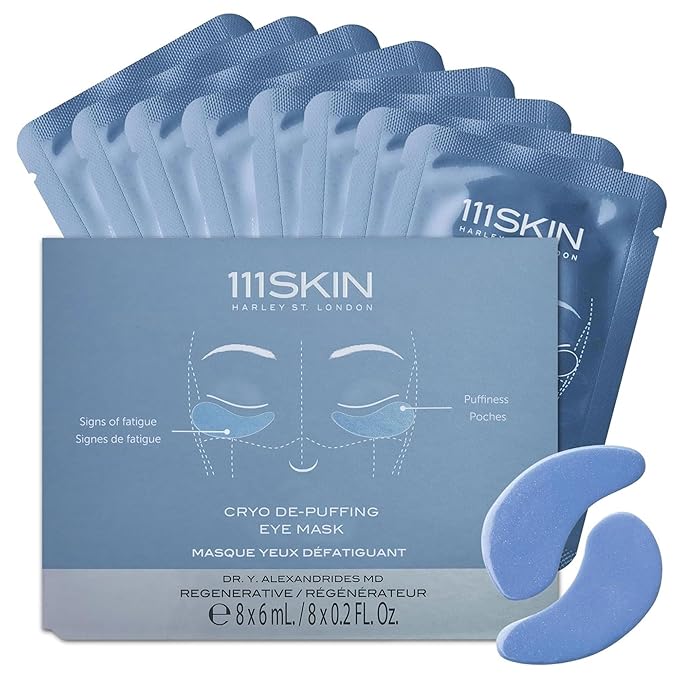 111SKIN Cryo De-Puffing Eye Mask, Hydrating Under Eye Patches for Puffy Eyes & Dark Circles with Seaweed Extract, Vit E & Peptide Complex, Nourishing Formula for Fine Lines & Puffiness, 8 Pairs, Blue-Velvo Beauty