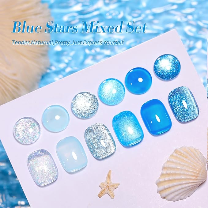 Born Pretty Gel Nail Polish Blue Series,Jelly Transparent,Cat Magnetic Eye,Shimmer Glitter Holographic Blue Gel Polish Kit for Salon Manicure and Nail Art DIY at Home 6Colors-Velvo Beauty