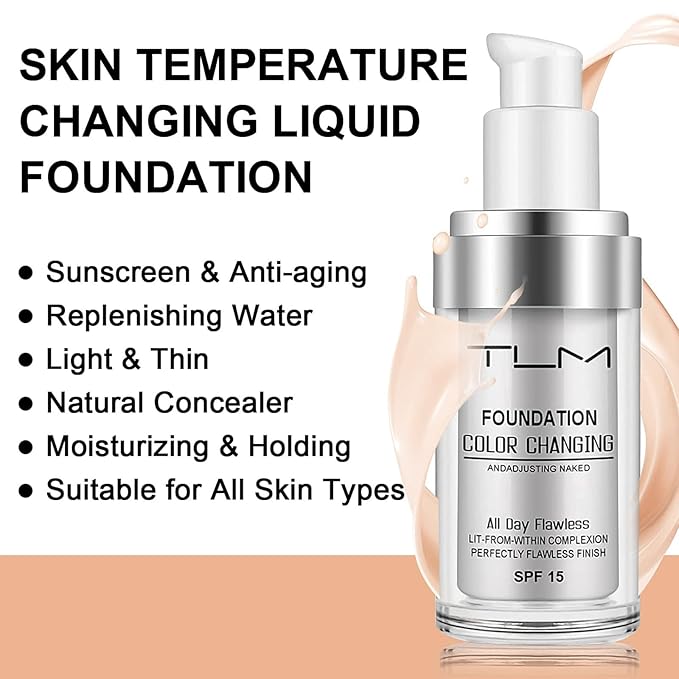 2 PACK TLM Color Changing Foundation Liquid Base,TLM Concealer Cover Cream,All Day Flawless Warm Skin Tone BB Cream Makeup Base Concealer for All Skin SPF15-Velvo Beauty