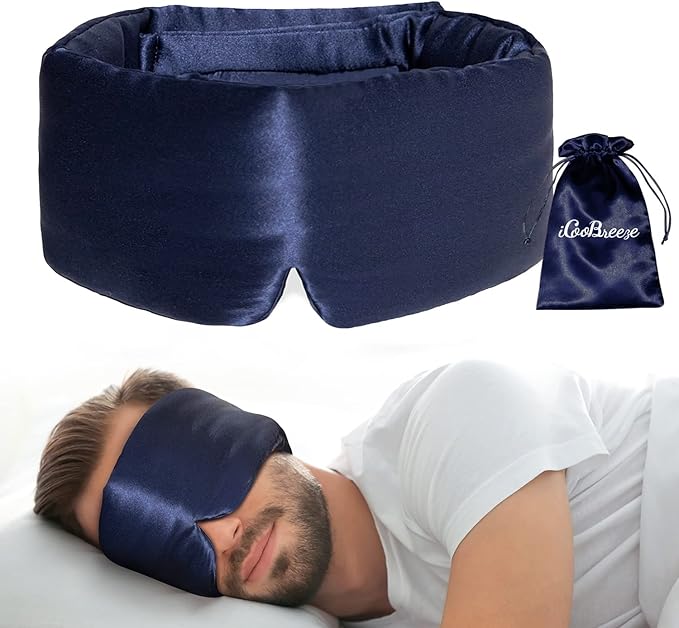 100% Natural Silk Eye Mask for Women Men, Soft Pressureless Cooling Blackout Eye Covers for Sleeping, Large Size Sleep Mask fits All Heads Adjustable, 1PC, Navy Blue-Velvo Beauty