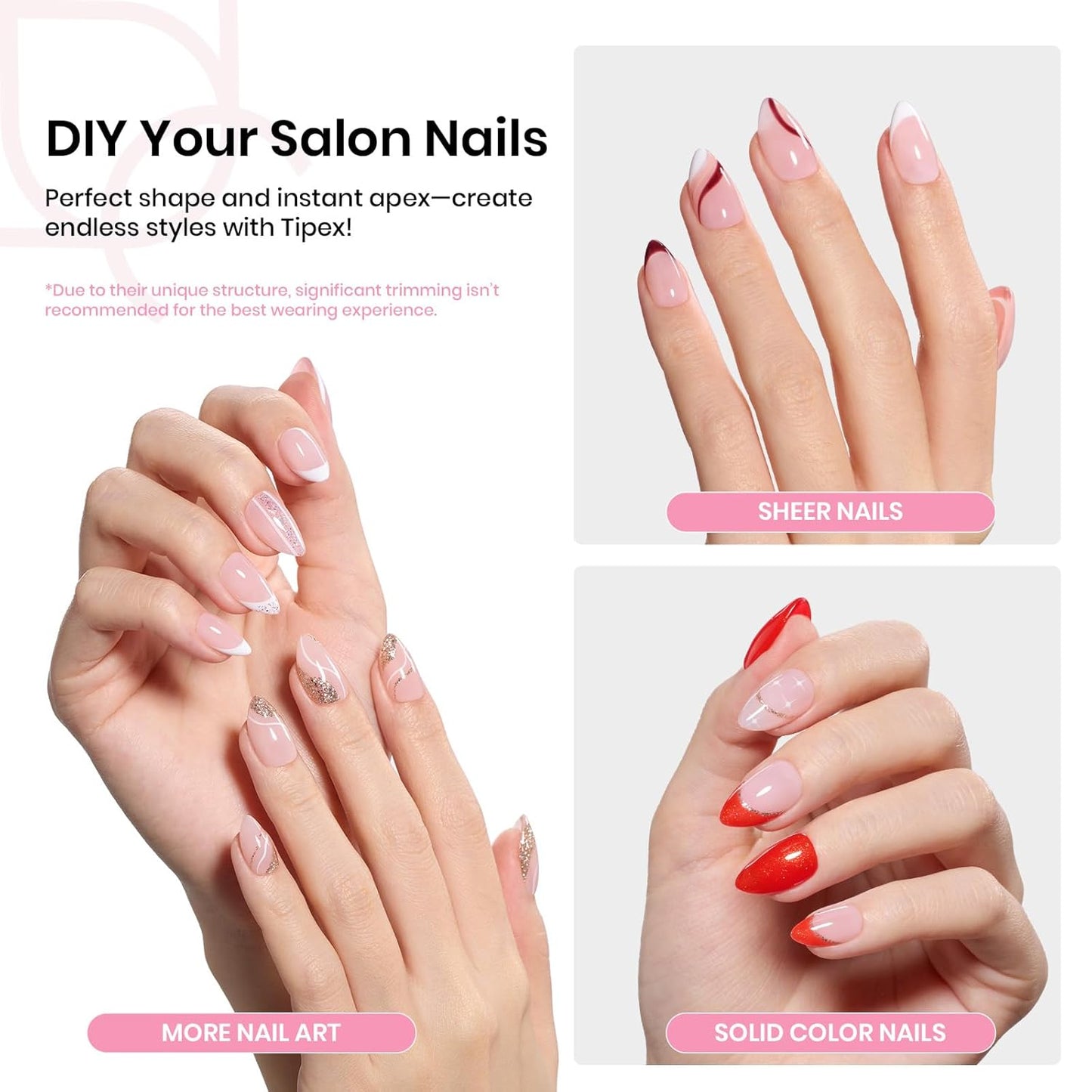 Beetles Tipex Instant Apex Nail Tips Kit, Almond Short, 224Pcs 16 Sizes, with Tipex UV Nail Glue Mini Nail Lamp,Pre-Building & Pre-Etched Thicker Acrylic Nails False Nail Extension-Velvo Beauty