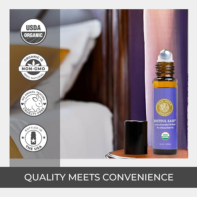 Silk Road Organic Restful Ease Essential Oil Sleep & Stress Blend Roll On - 100% Pure USDA Certified with Indian Sandalwood - Stress Ease Aromatherapy & Calming Relaxation - 10 ml Roller-Velvo Beauty
