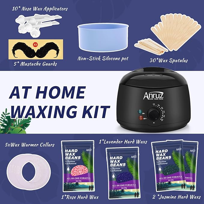 Waxing Kit for Women Men - Wax Kit for Hair Removal with Silicone Bowl,4 Bags Hard Waxing Beads and 30 Sticks - at Home Use Wax Warmer for Full Body, Bikini, Eyebrow, Face, Sensitive Skin-Velvo Beauty