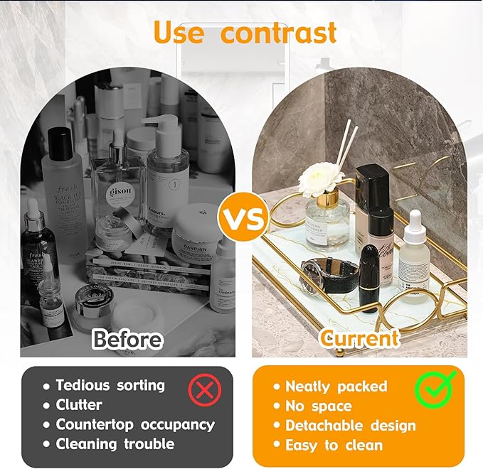 Vanity Tray Luxury Bathroom Counter Tray Glass Perfume Organizer Holder Cosmetics Makeup Skincare Display Decorative Vanity Trays for Bathroom Dresser Bedroom (Platinum, L)-Velvo Beauty