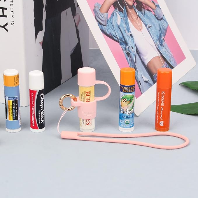 Desing Wish Silicone Lip Balm Holder with Cap Cover Portable Chapstick Holder Keychain Sleeve Lip Balm Key Chain with Key Ring and Wrist Strap Lanyard - Pink-Velvo Beauty