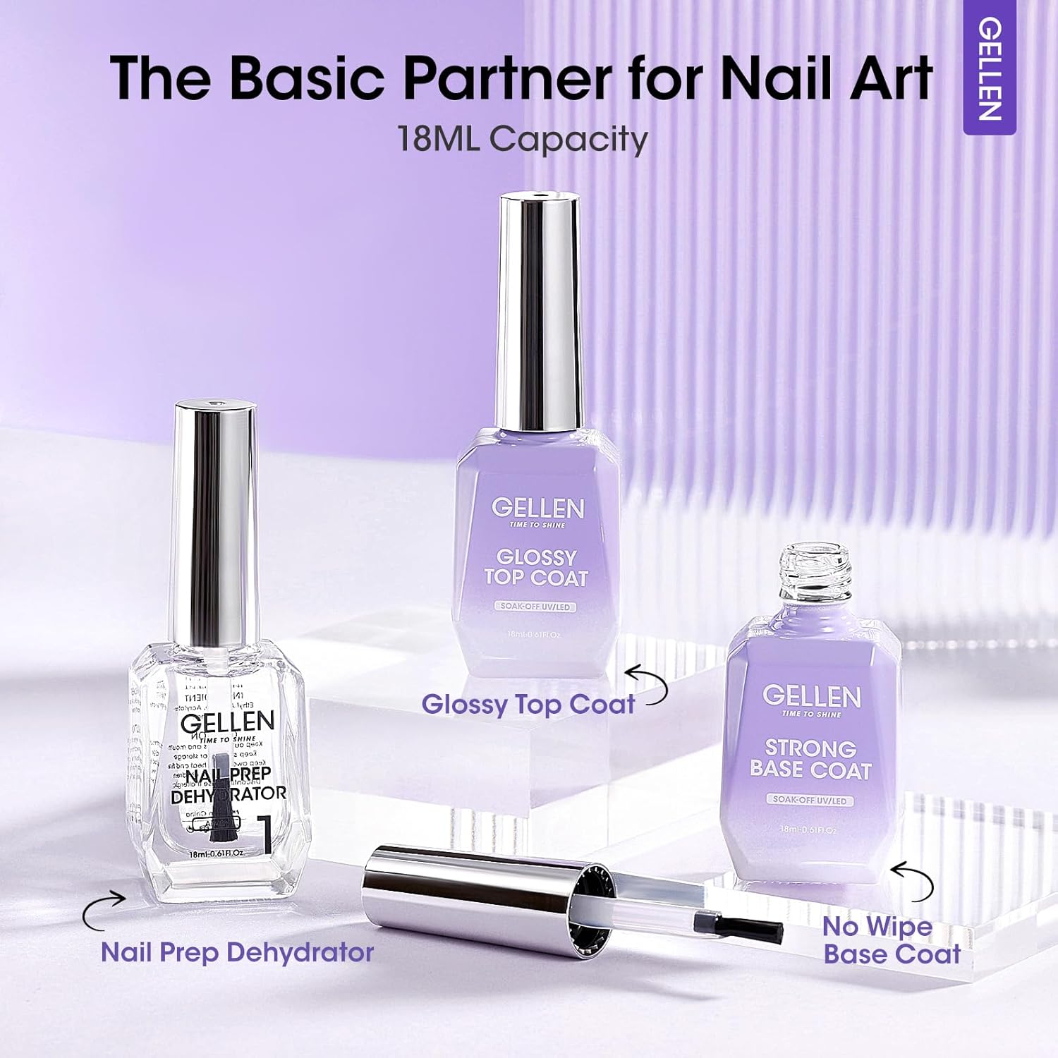 GELLEN Top Base Coat Gel with Nail Dehydrator, 18ml Hema-Free Acid-Free No Wipe Strong Base Ultra Glossy Top for for Long-Lasting Acrylic, Gel Polish, Builder Gel, Nail Tech Supplies-Velvo Beauty