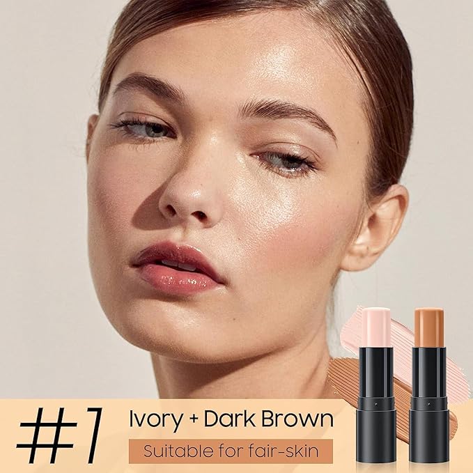 2023 Upgrade Contour Stick, 2 Colors Double-end Contour Highlighter Stick Contour Stick Face Highlighter Contour Makeup Contouring Sticks Cream Concealer (Ivory, Dark Brown)-Velvo Beauty