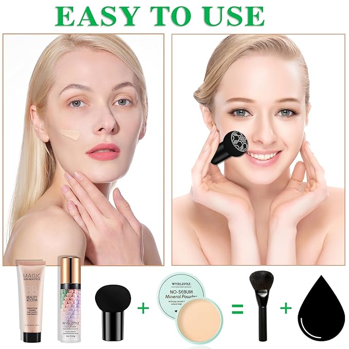 Mushroom Head Air Cushion CC Cream + BB Cream + Tri-color Color Corrector Isolation Cream Foundation Set Moisturizing Full Coverage Foundation Concealer Lasting Foundation Makeup Base Primer（7 Pcs）-Velvo Beauty