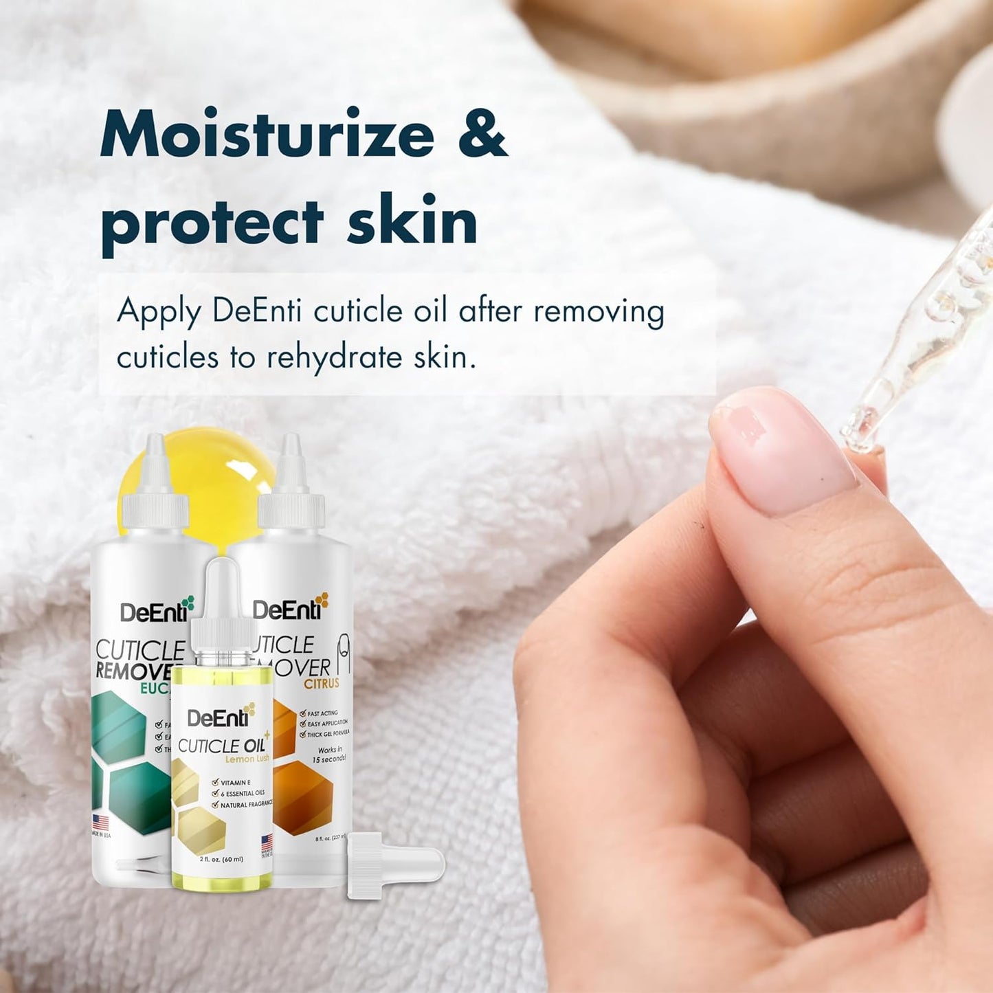 DeEnti Cuticles Maintenance Pack, Bundle Includes Citrus Scented Cuticle Remover, Cuticle Oil for Nails, and Metal Pusher Tool, Salon Grade Nail Care, Home Manicure and Pedicure Kit-Velvo Beauty