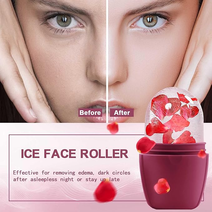 XHJRI Ice Face Roller Massager,Ice Cube Roller for Face, Eyes and Neck Naturally Conditioning and Skin Care,De-Puff Eye Bags,Reduce Migraine Pain,Reusable Massage Silicone Ice Mold (Upgrade Rose)-Velvo Beauty