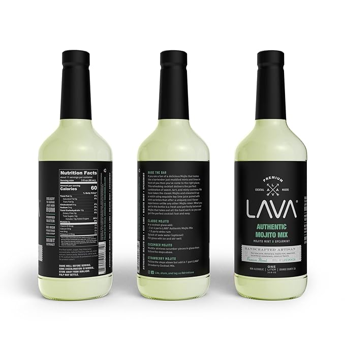 (3 Pack) LAVA Premium Authentic Mojito Mix, Made with Real Lime Juice, Mojito Mint, Spearmint, Demerara, Cane Sugar, Refreshing Rum Mojito Mixer. Ready to Use. 1-Liter (33.8oz) Glass Bottle-Velvo Beauty