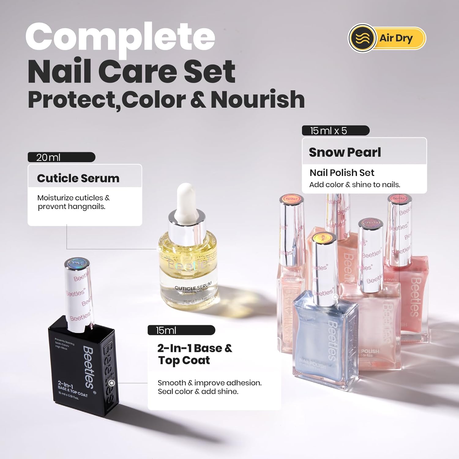 Beetles Pearl Nail Polish Set 7Pcs, Nude Pink Frosty Blue Beige Quick-drying Nail Polish Kit, with 2 IN 1 Base & Top Coat and Cuticle Serum 20ml All-in-One Care Nails Gift Sets-Velvo Beauty