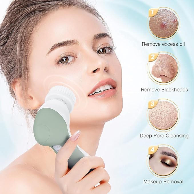 COSLUS Facial Cleansing Brush Silicone Face Scrubber: 7 in 1 FBS-D Electric Exfoliating Rotating Massage Device Waterproof Deep Cleaning Exfoliation Spa Machine - Electronic Skin Care Wash System-Velvo Beauty